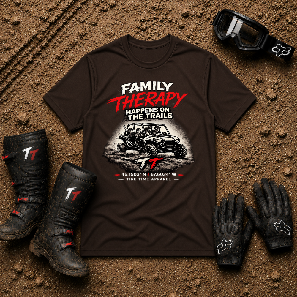 Dark chocolate Family Therapy Happens on the Trails ATV family graphic tee — Tire Time Offroad