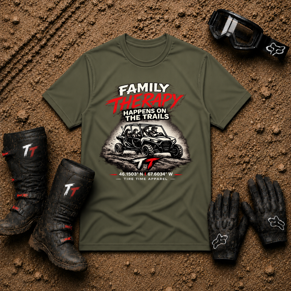 Military green Family Therapy Happens on the Trails trail riding t-shirt — Tire Time Offroad