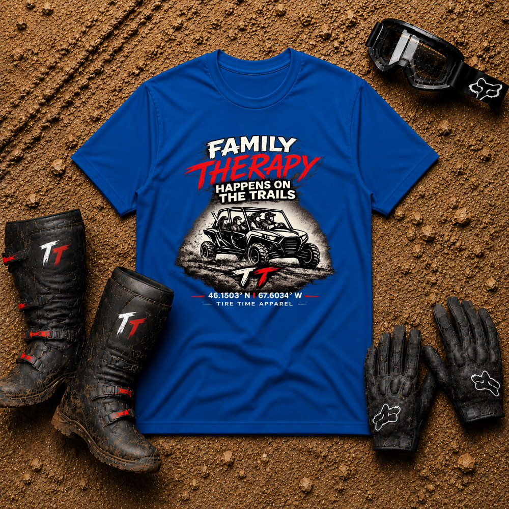 Royal blue Family Therapy Happens on the Trails UTV parent tee — Tire Time Offroad