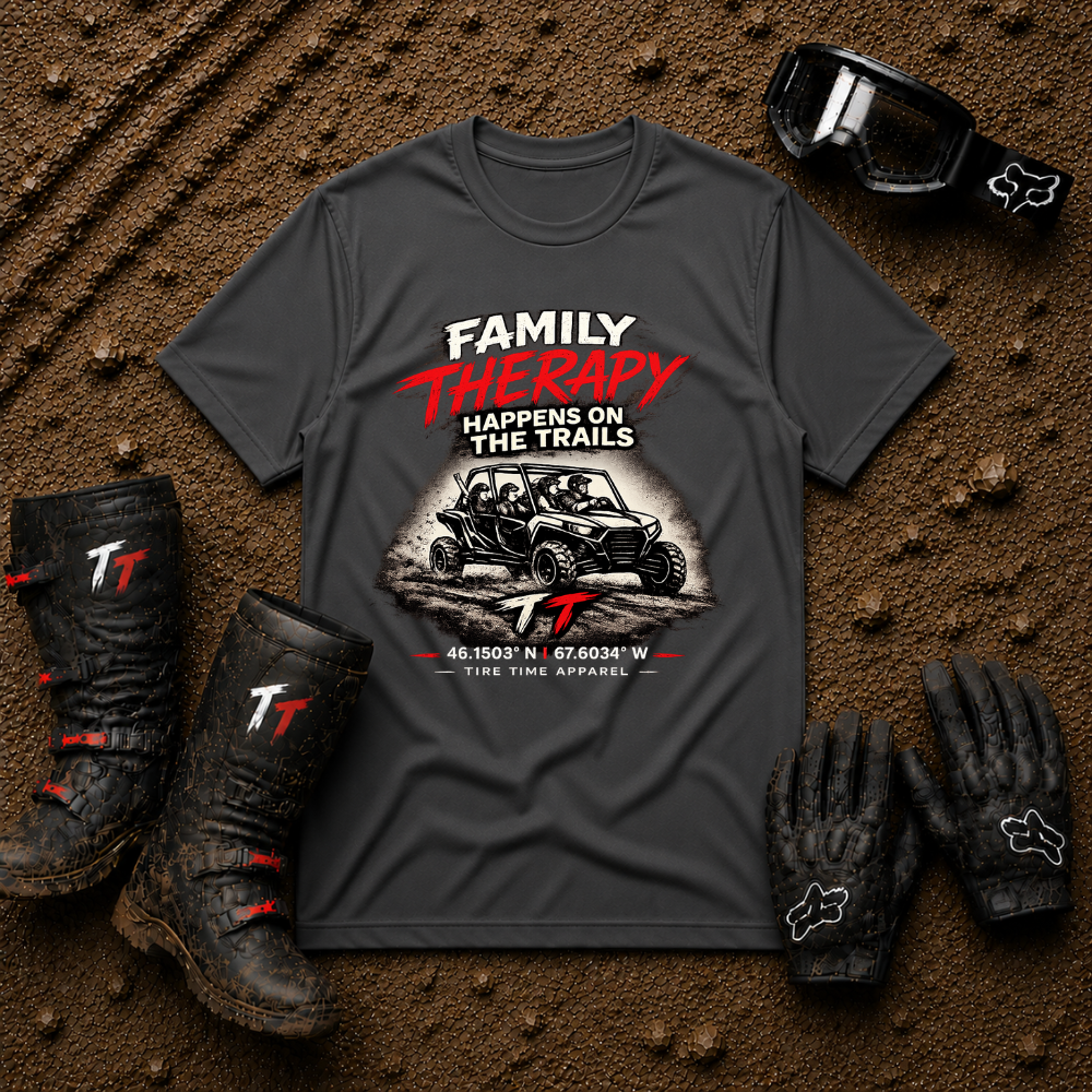 Dark heather grey Family Therapy Happens on the Trails quad family graphic tee — Tire Time Offroad