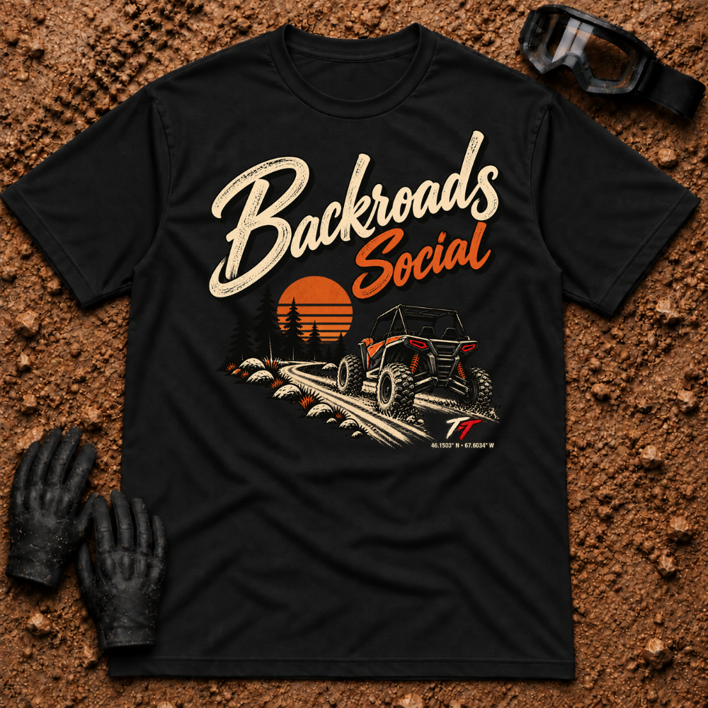 Backroads Social T-Shirt in Black - side-by-side on a sunset trail through the pines, Tire Time Offroad