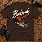Backroads Social T-Shirt in Dark Chocolate - side-by-side on a sunset trail through the pines, Tire Time Offroad
