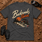 Backroads Social T-Shirt in Dark Heather Grey - side-by-side on a sunset trail through the pines, Tire Time Offroad