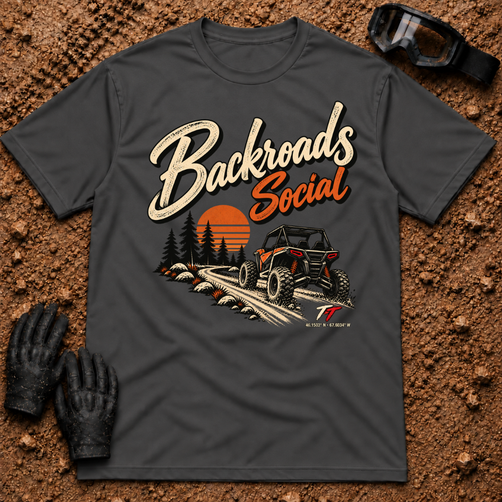 Backroads Social T-Shirt in Dark Heather Grey - side-by-side on a sunset trail through the pines, Tire Time Offroad