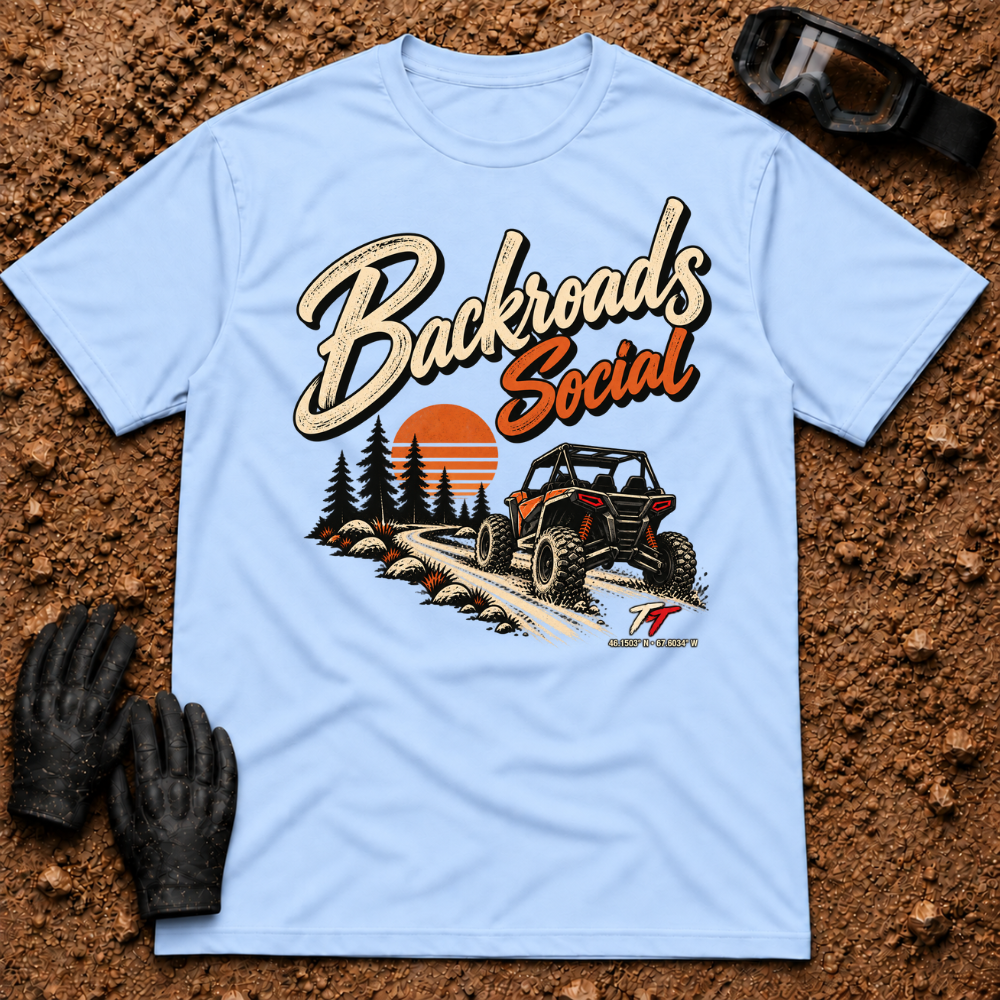Backroads Social T-Shirt in Light Blue - side-by-side on a sunset trail through the pines, Tire Time Offroad