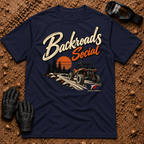 Backroads Social T-Shirt in Navy - side-by-side on a sunset trail through the pines, Tire Time Offroad