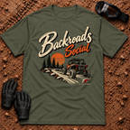 Backroads Social T-Shirt in Military Green - side-by-side on a sunset trail through the pines, Tire Time Offroad