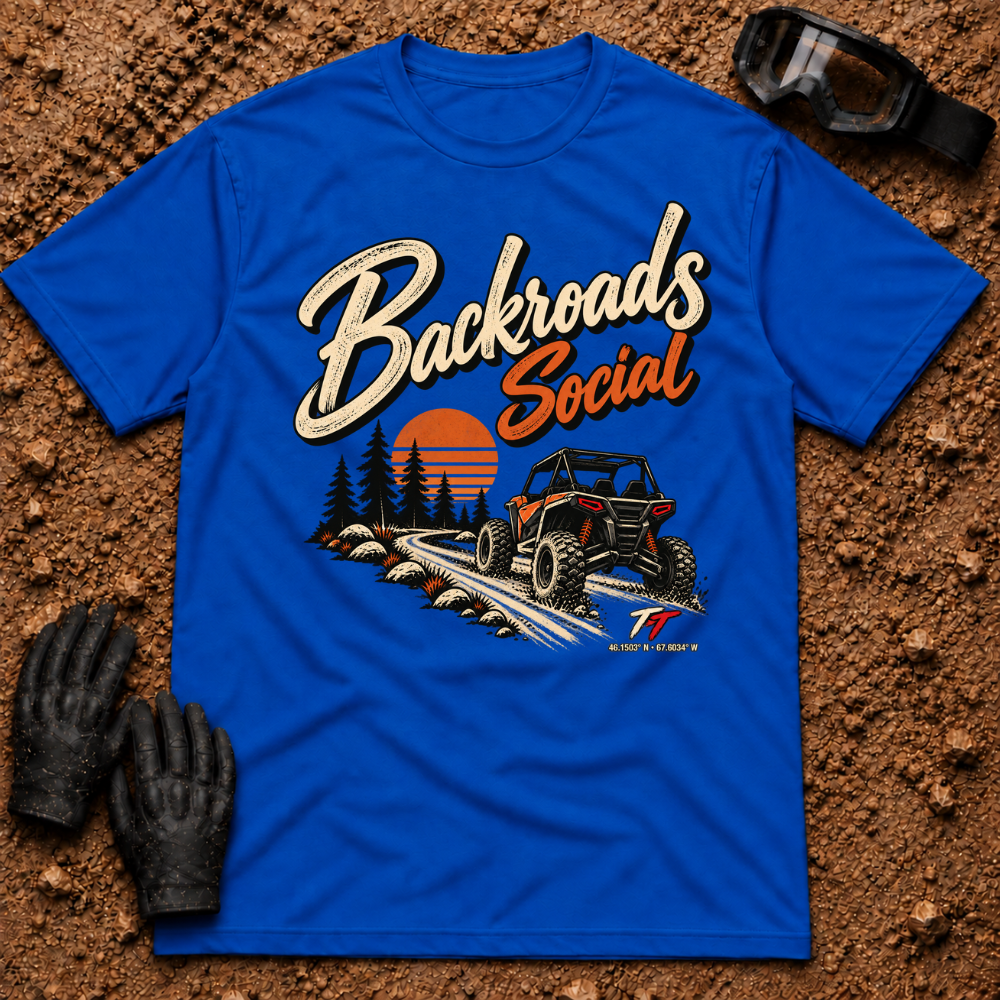 Backroads Social T-Shirt in Royal Blue - side-by-side on a sunset trail through the pines, Tire Time Offroad