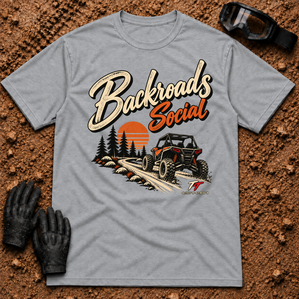 Backroads Social T-Shirt in Sport Grey - side-by-side on a sunset trail through the pines, Tire Time Offroad