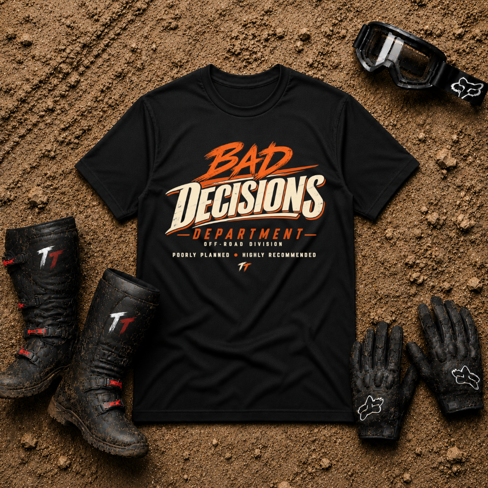 Black Bad Decisions Dept funny off-road ATV/UTV t-shirt — Tire Time Offroad