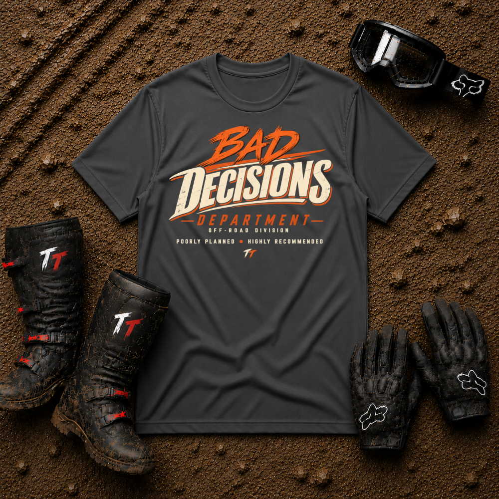 Dark heather grey Bad Decisions Dept funny off-road ATV/UTV t-shirt — Tire Time Offroad