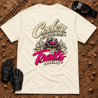 Natural Cooler In The Back T-Shirt with a woman driving a side-by-side, pink cooler in the bed and "Trails Ahead" in hot pink — Tire Time Offroad ATV/UTV tee