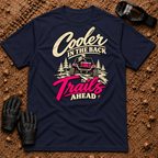 Navy Cooler In The Back T-Shirt with a woman driving a side-by-side, pink cooler in the bed and "Trails Ahead" in hot pink — Tire Time Offroad ATV/UTV tee