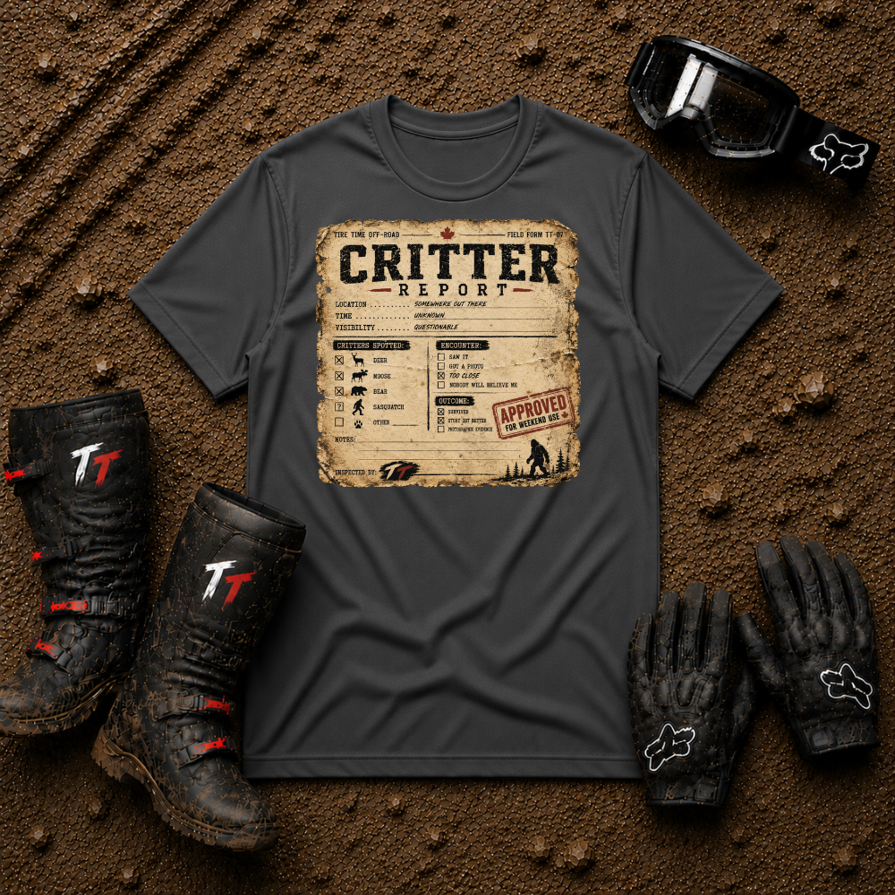 Critter Report off-road tee in Dark Heather Grey - ATV/UTV side-by-side riding shirt