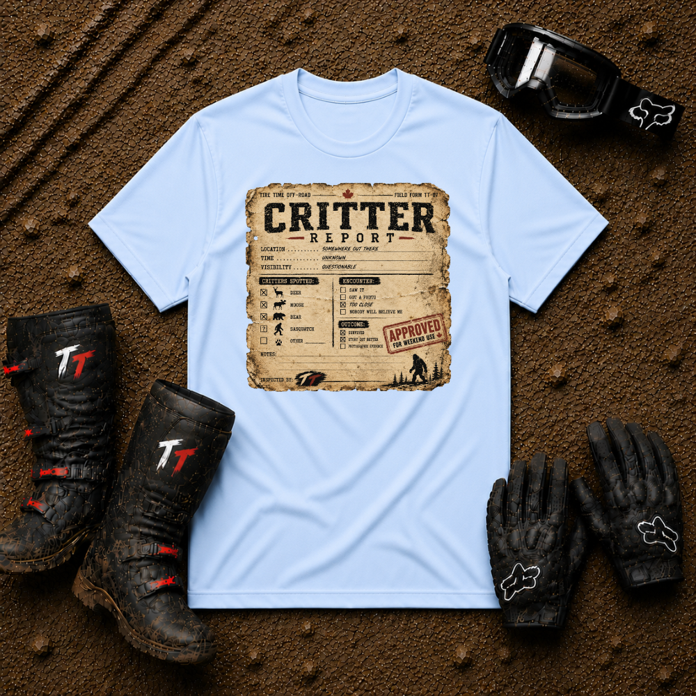 Critter Report graphic tee in Light Blue - off-road ATV/UTV t-shirt for trail riders