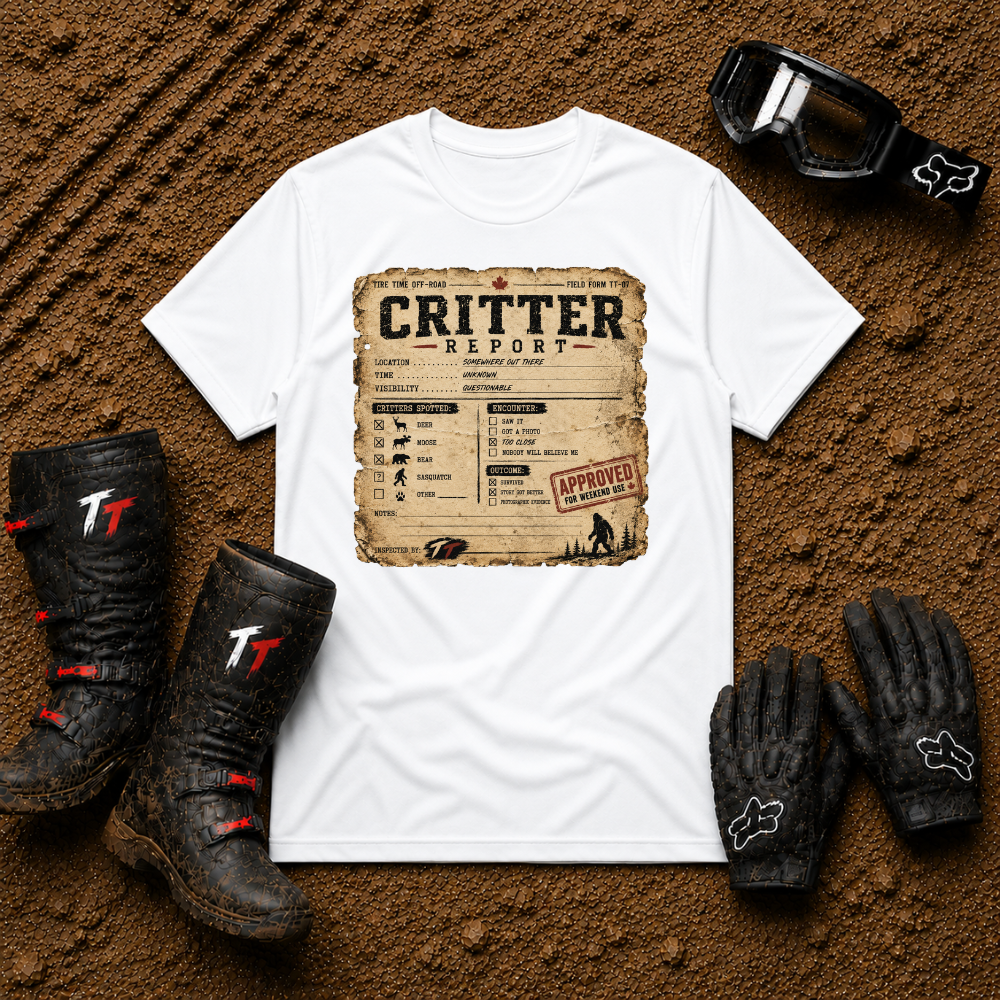 Critter Report graphic tee in White - off-road ATV/UTV trail riding t-shirt
