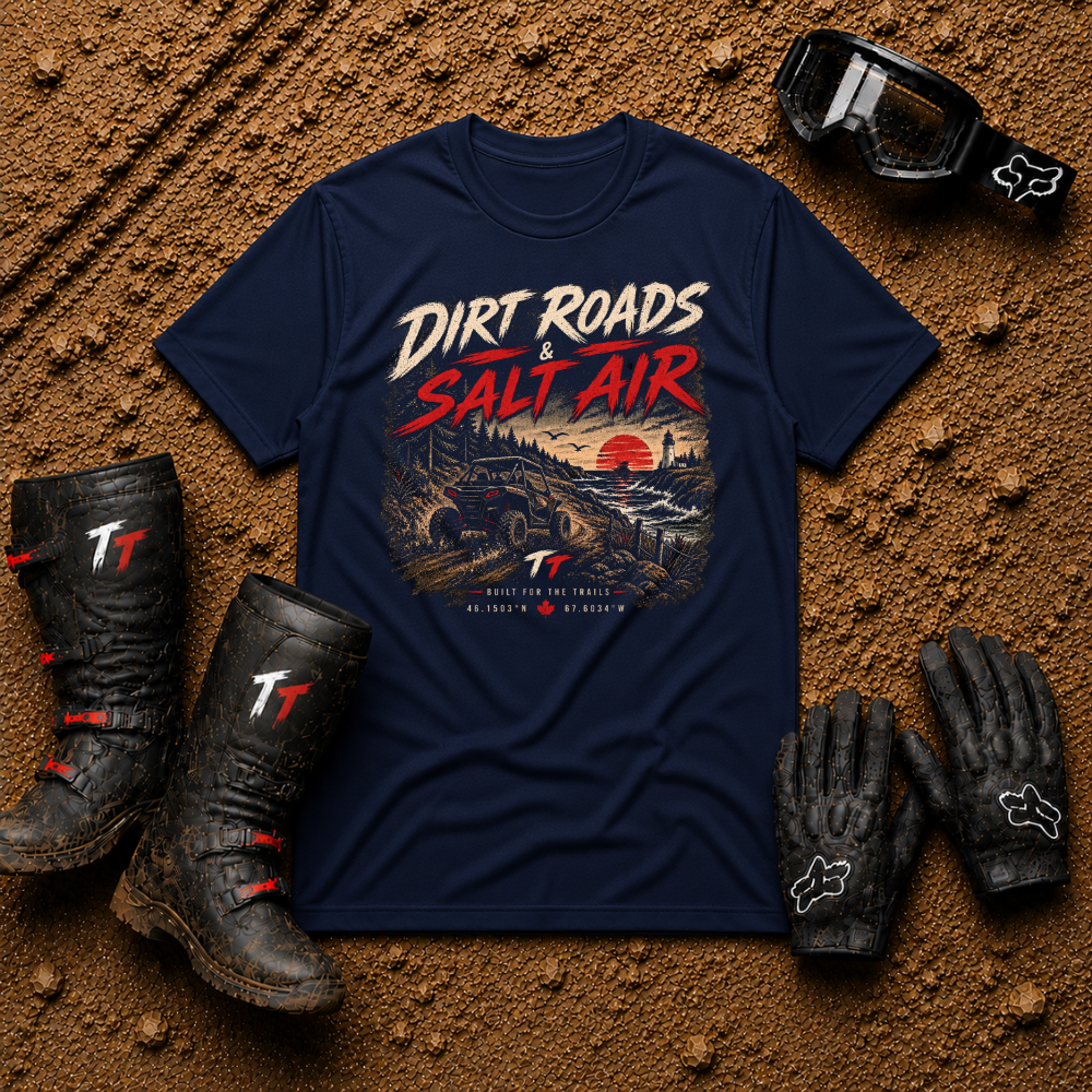 Navy blue Dirt Roads Salt Air t-shirt – Tire Time coastal off-road tee for ATV & UTV riders