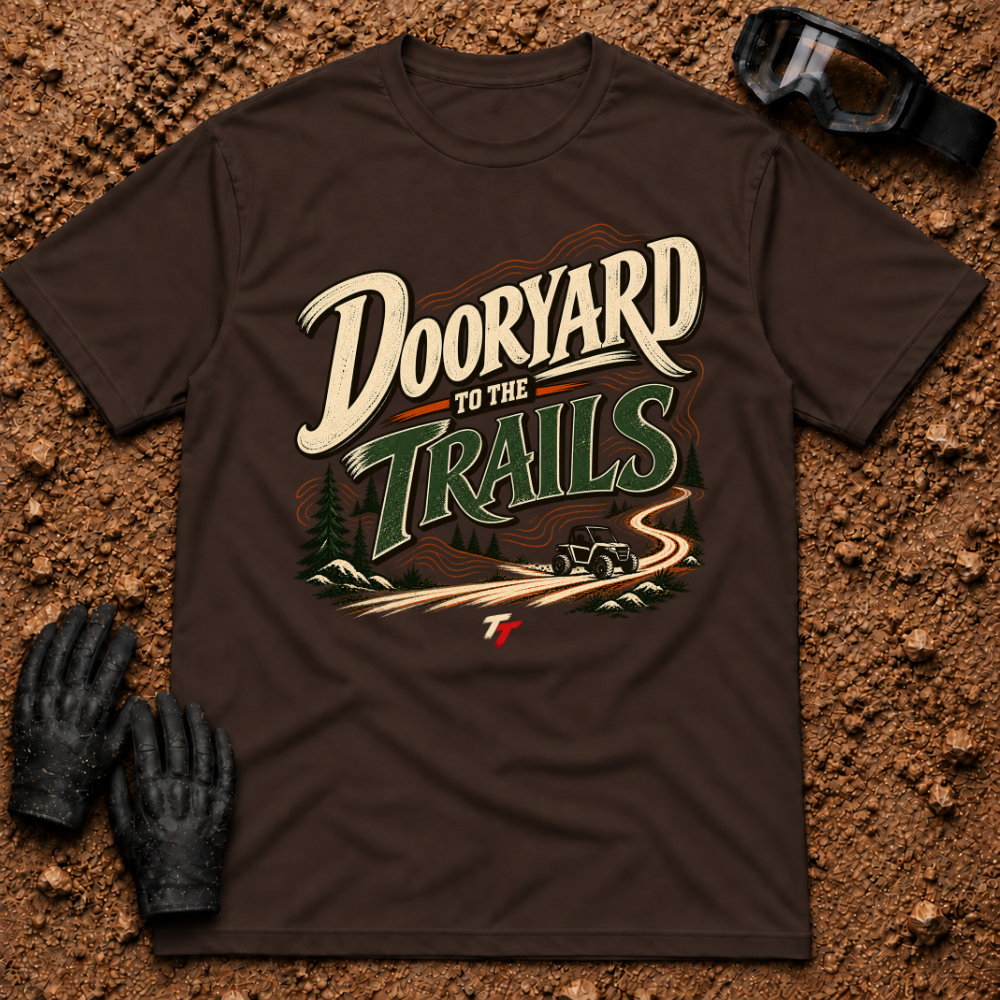 Dooryard to the Trails t-shirt in Dark Chocolate - New Brunswick slang ATV and side-by-side tee - Tire Time Offroad