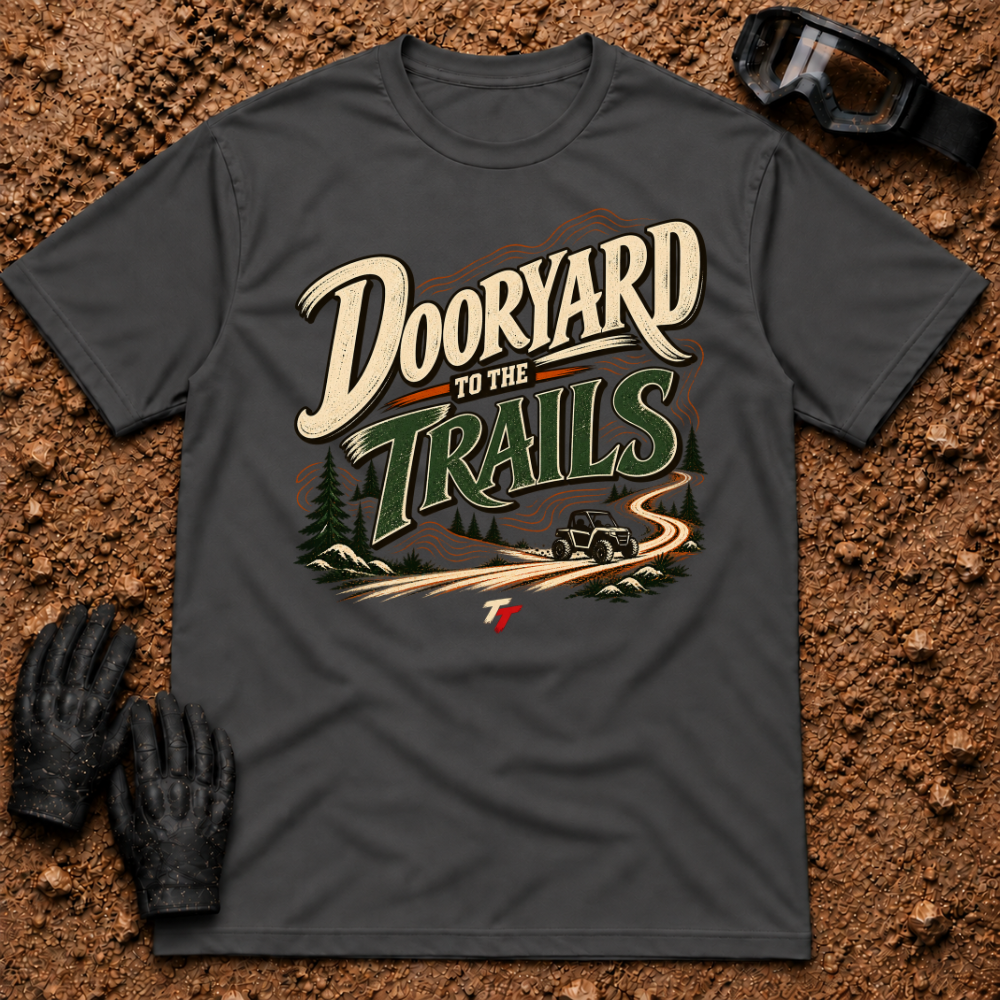 Dooryard to the Trails t-shirt in Dark Heather - New Brunswick slang ATV and side-by-side tee - Tire Time Offroad