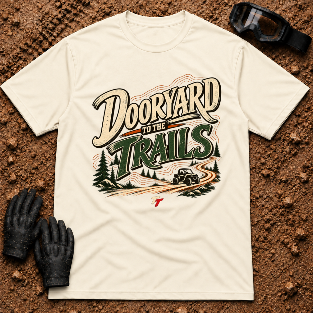 Dooryard to the Trails t-shirt in Natural - New Brunswick slang ATV and side-by-side tee - Tire Time Offroad