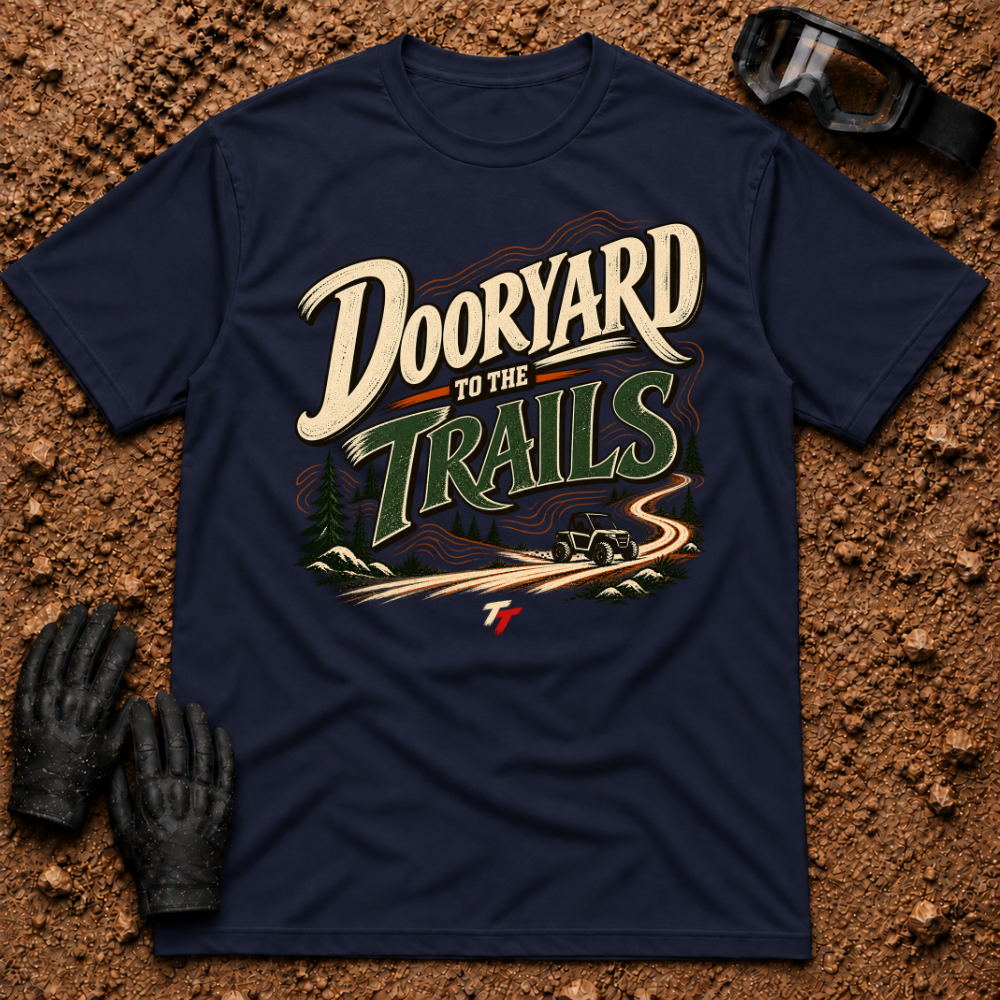 Dooryard to the Trails t-shirt in Navy - New Brunswick slang ATV and side-by-side tee - Tire Time Offroad