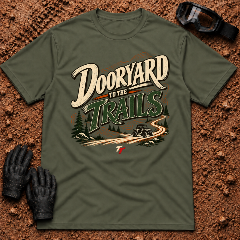 Dooryard to the Trails t-shirt in Military Green - New Brunswick slang ATV and side-by-side tee - Tire Time Offroad
