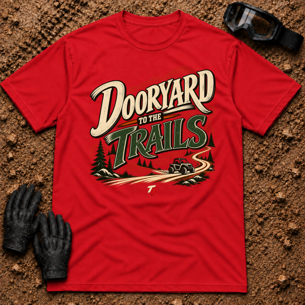 Dooryard to the Trails t-shirt in Red - New Brunswick slang ATV and side-by-side tee - Tire Time Offroad