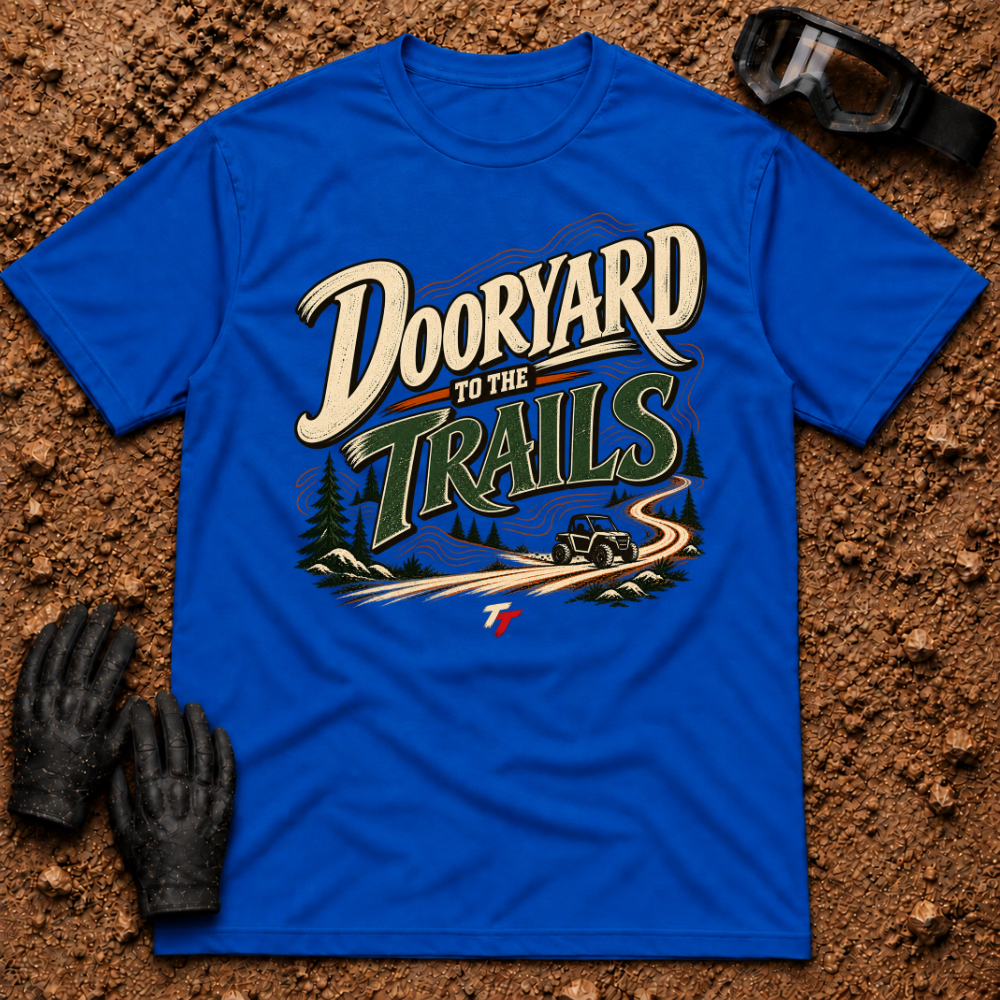 Dooryard to the Trails t-shirt in Royal - New Brunswick slang ATV and side-by-side tee - Tire Time Offroad