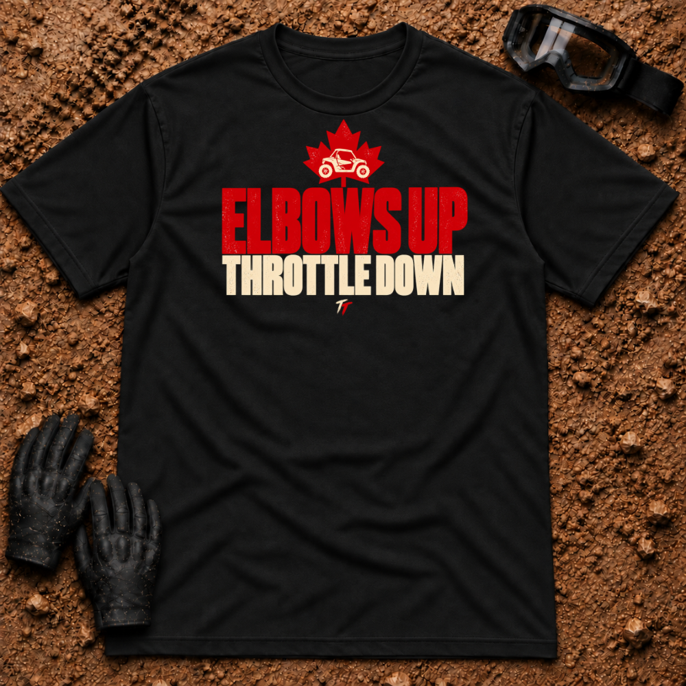 Black Elbows Up T-Shirt with a side-by-side in a red maple leaf and Throttle Down text — Tire Time Offroad ATV/UTV tee