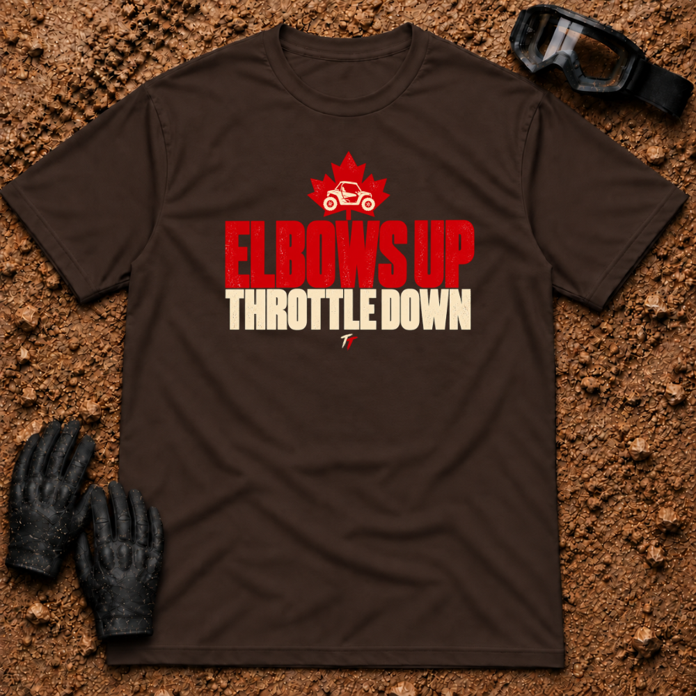 Dark Chocolate Elbows Up T-Shirt with a side-by-side in a red maple leaf and Throttle Down text — Tire Time Offroad ATV/UTV tee
