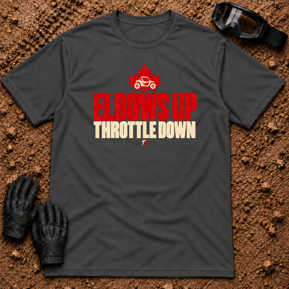 Dark Heather Elbows Up T-Shirt with a side-by-side in a red maple leaf and Throttle Down text — Tire Time Offroad ATV/UTV tee