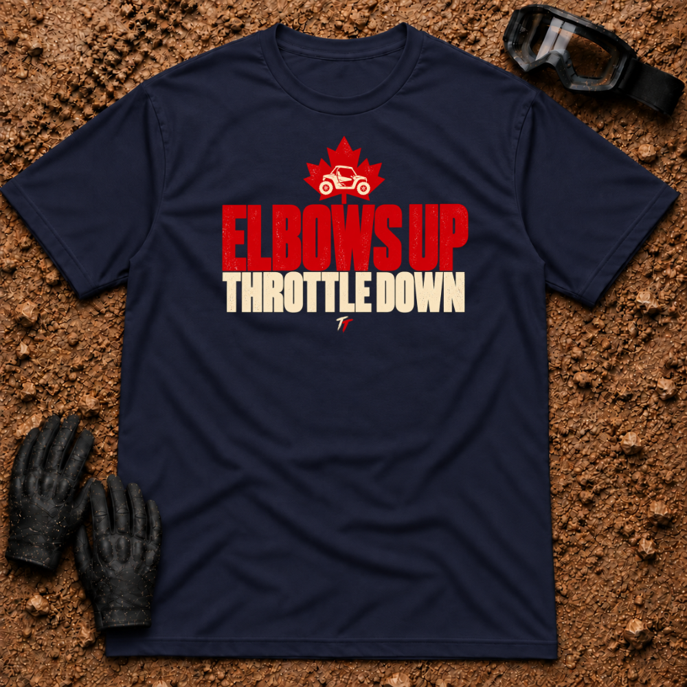 Navy Elbows Up T-Shirt with a side-by-side in a red maple leaf and Throttle Down text — Tire Time Offroad ATV/UTV tee