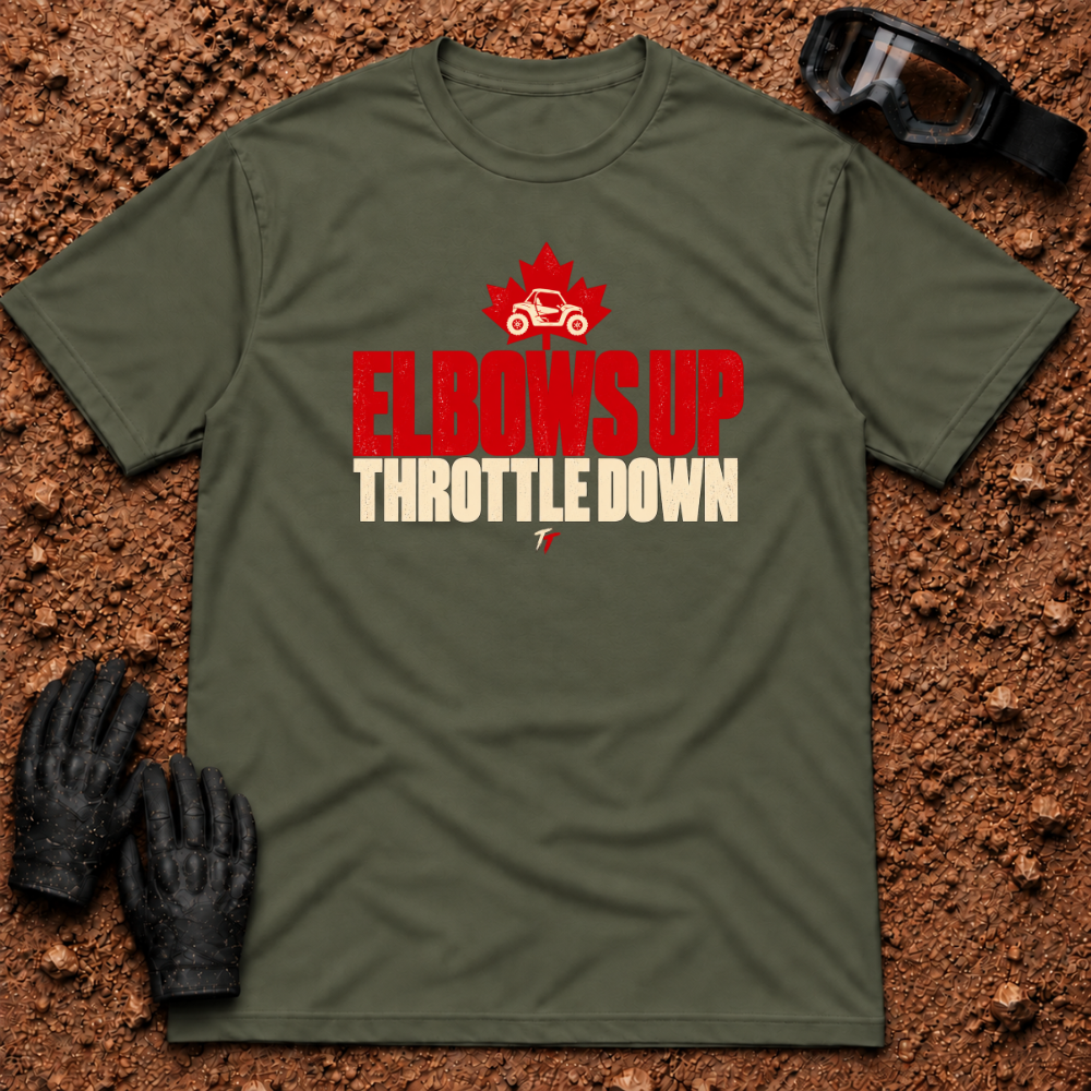 Military Green Elbows Up T-Shirt with a side-by-side in a red maple leaf and Throttle Down text — Tire Time Offroad ATV/UTV tee