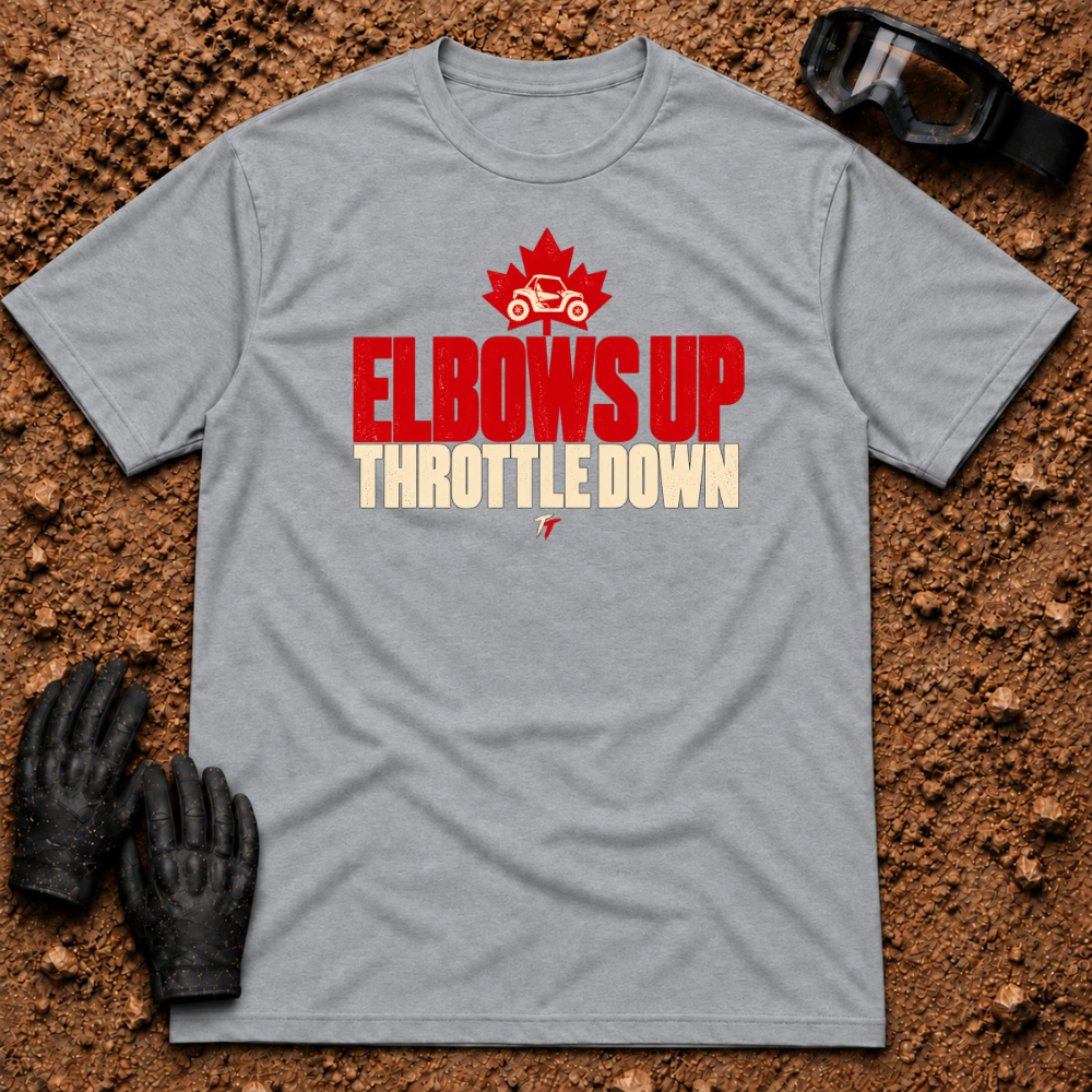 Sport Grey Elbows Up T-Shirt with a side-by-side in a red maple leaf and Throttle Down text — Tire Time Offroad ATV/UTV tee