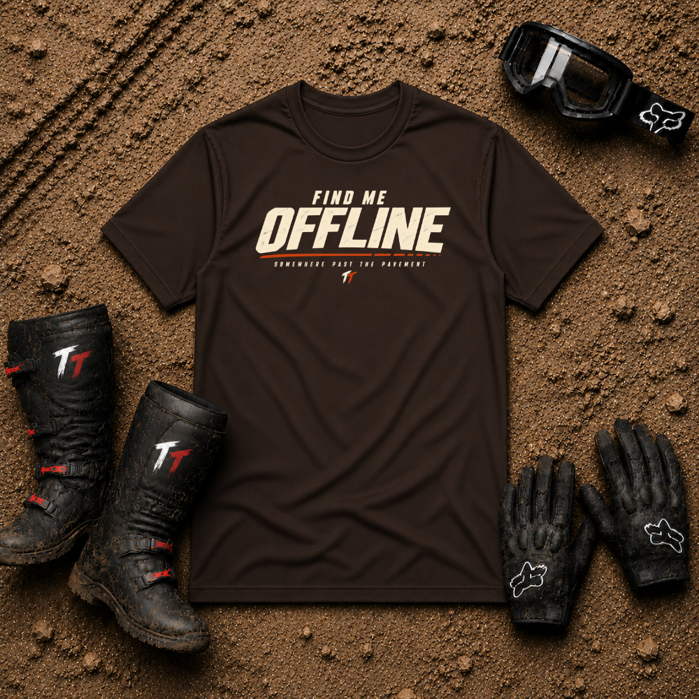 Dark chocolate Find Me Offline off-grid ATV/UTV t-shirt — Tire Time Offroad