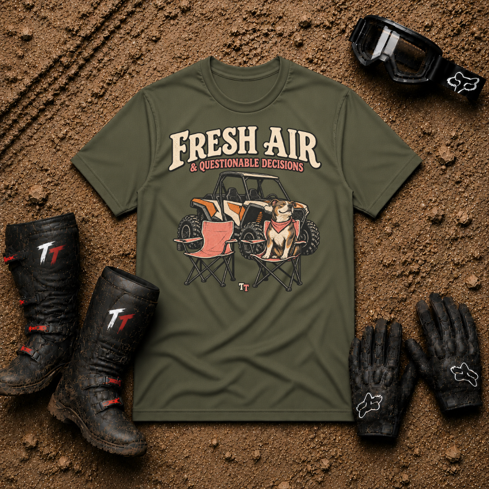 Military green Fresh Air & Questionable Decisions ATV/UTV t-shirt — Tire Time Offroad