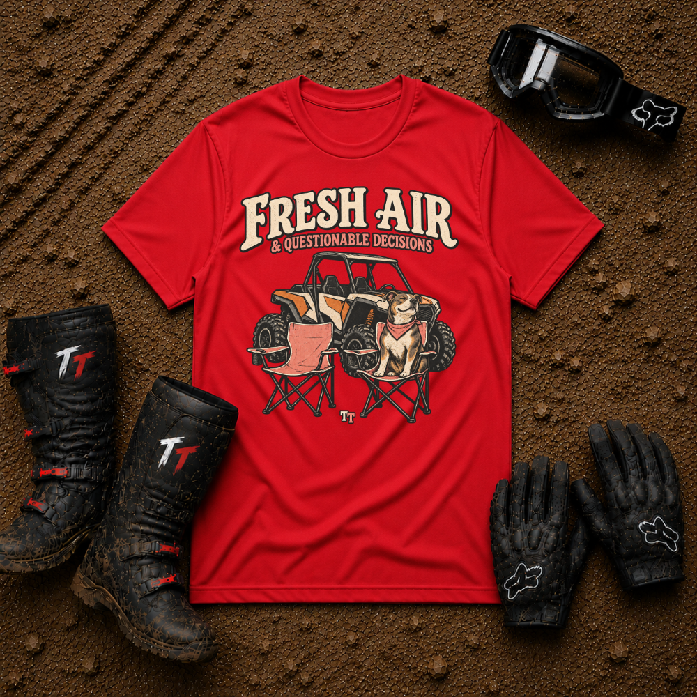 Red Fresh Air & Questionable Decisions ATV/UTV t-shirt — Tire Time Offroad
