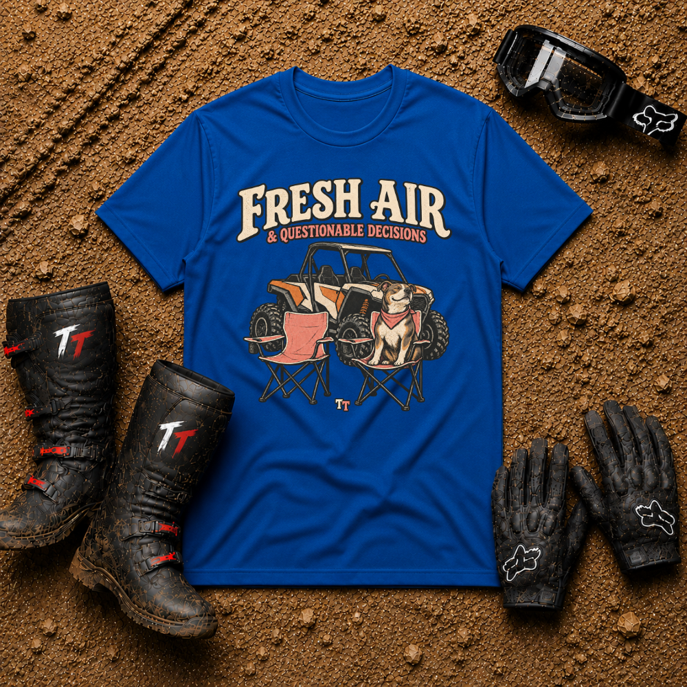 Royal blue Fresh Air & Questionable Decisions ATV/UTV t-shirt — Tire Time Offroad