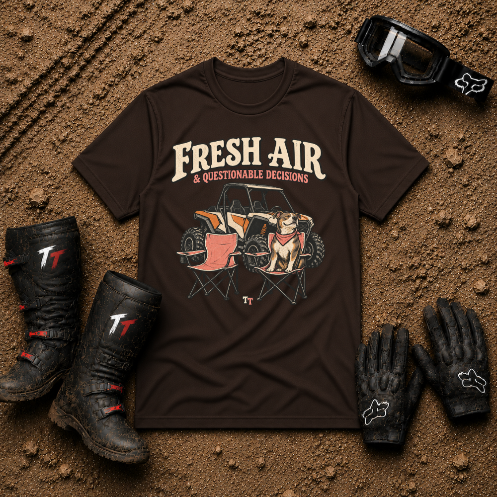 Dark chocolate Fresh Air & Questionable Decisions ATV/UTV t-shirt — Tire Time Offroad