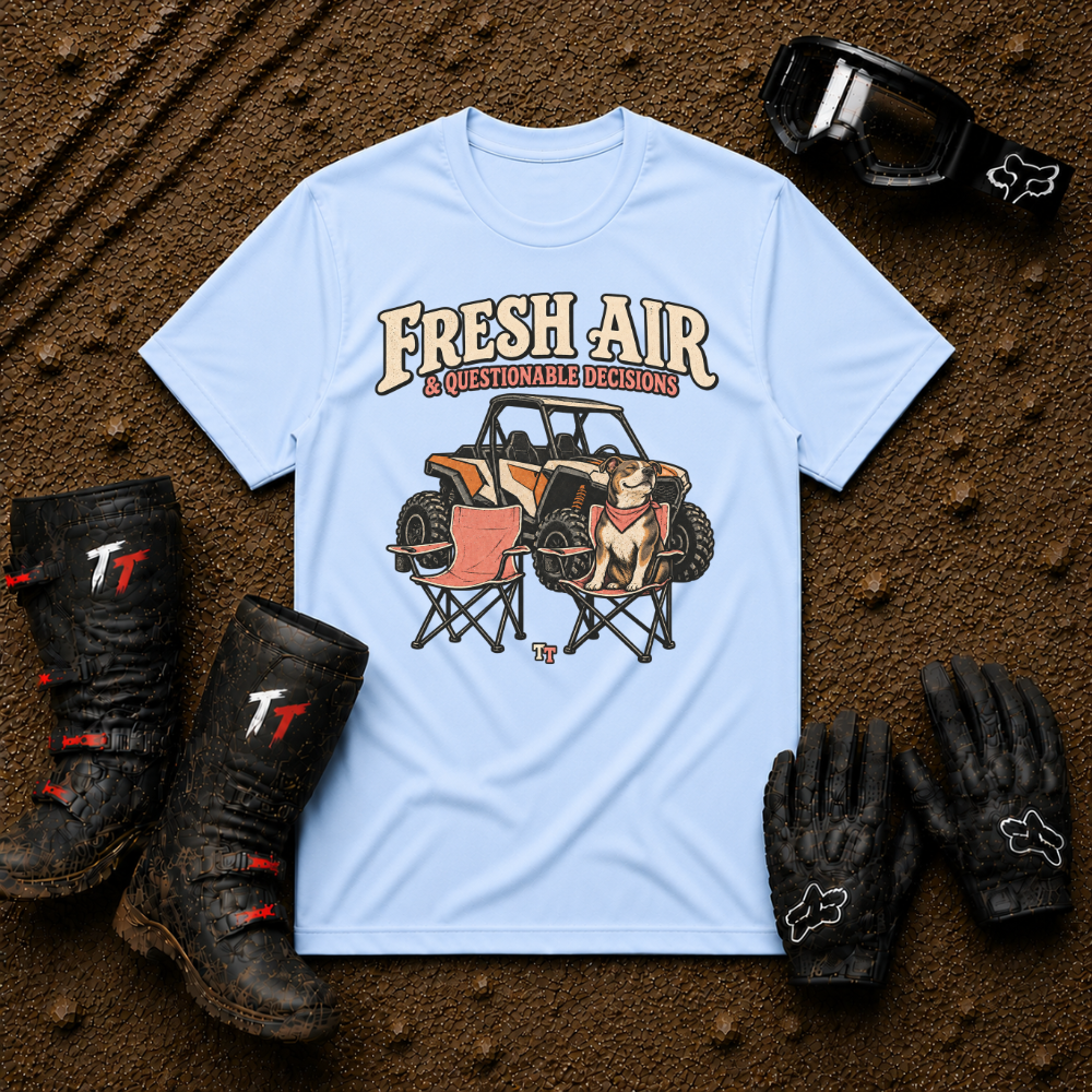 Light blue Fresh Air & Questionable Decisions ATV/UTV t-shirt — Tire Time Offroad