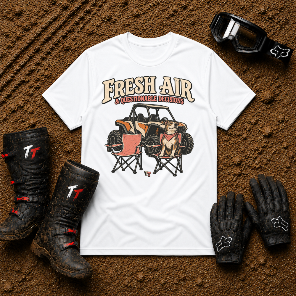 White Fresh Air & Questionable Decisions ATV/UTV t-shirt — Tire Time Offroad