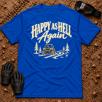 Royal Happy As Hell T-Shirt with cream "Happy As Hell Again" lettering and a side-by-side on a pine trail — Tire Time Offroad ATV/UTV tee