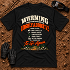 Black Warning: Highly Addictive funny trail riding t-shirt with warning label list and mountain trail graphic — Tire Time Offroad ATV/UTV tee
