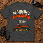 Dark heather grey Warning: Highly Addictive funny trail riding t-shirt with warning label list and mountain trail graphic — Tire Time Offroad ATV/UTV tee