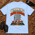 Light blue Warning: Highly Addictive funny trail riding t-shirt with warning label list and mountain trail graphic — Tire Time Offroad ATV/UTV tee