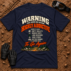 Navy Warning: Highly Addictive funny trail riding t-shirt with warning label list and mountain trail graphic — Tire Time Offroad ATV/UTV tee