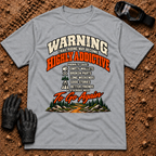 Sport grey Warning: Highly Addictive funny trail riding t-shirt with warning label list and mountain trail graphic — Tire Time Offroad ATV/UTV tee