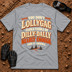 Lollygag Fiddle-Faddle Dilly-Dally T-Shirt in Sport Grey - funny retro lettering with a winding pine trail, Tire Time Offroad