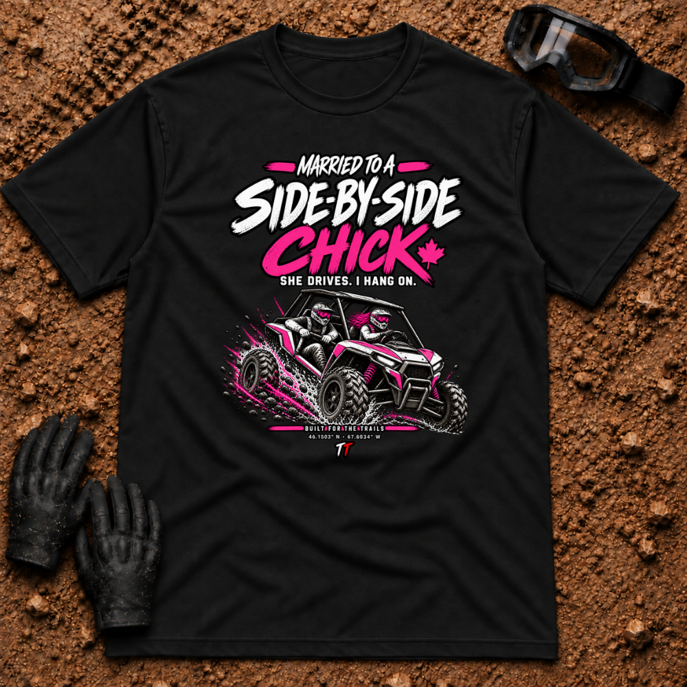 Black Married to a SXS Chick tee with pink lettering and couple in a mud-slinging side-by-side — Tire Time Offroad ATV/UTV tee