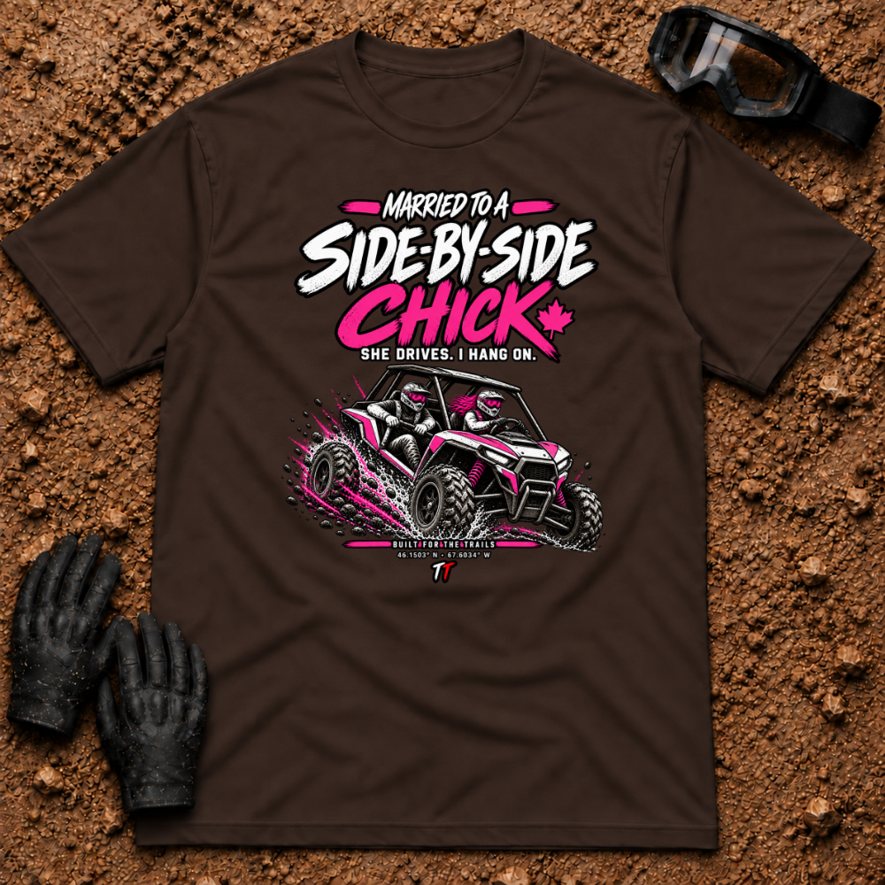 Dark Chocolate Married to a SXS Chick tee with pink lettering and couple in a mud-slinging side-by-side — Tire Time Offroad ATV/UTV tee